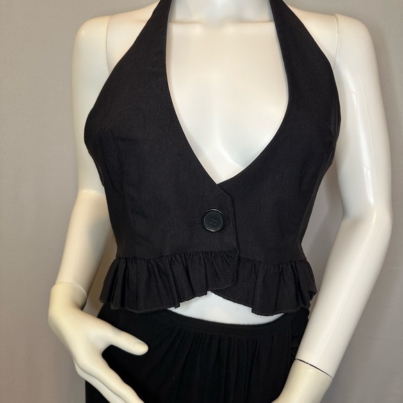 Dots Womens Halter Top Tie Back Neck Sleeveless Backless Cropped Ruffle Button L - Picture 7 of 8